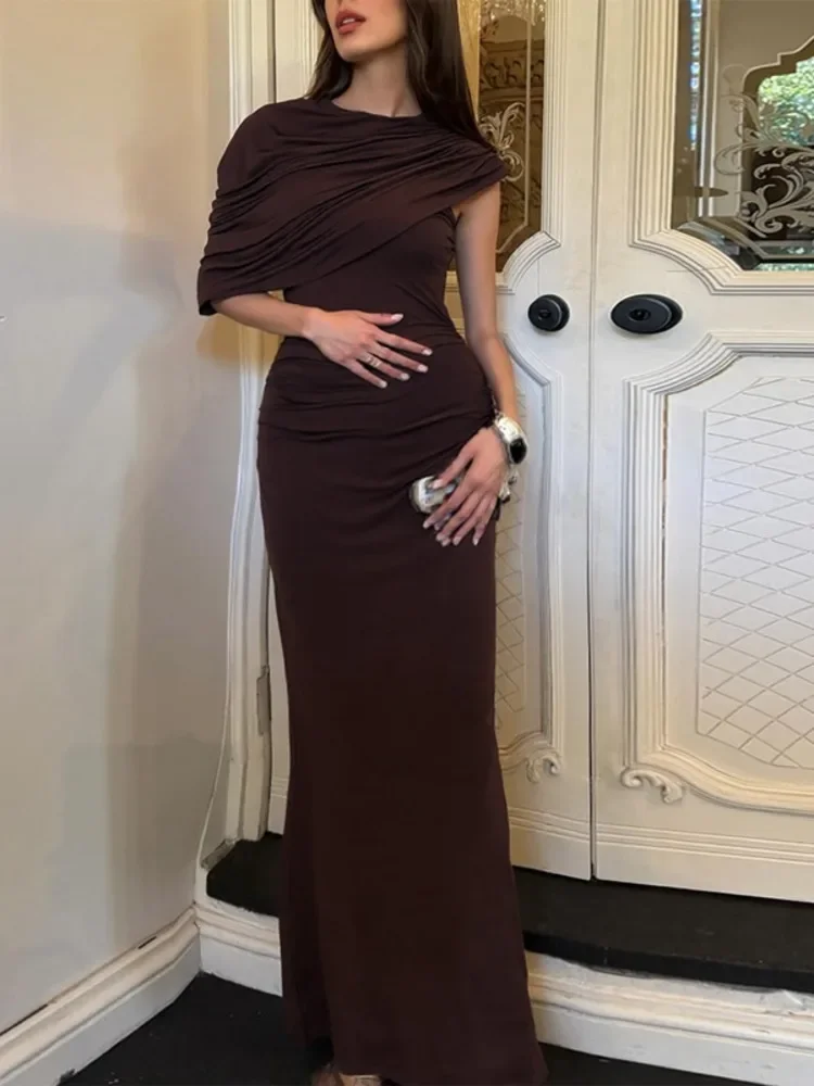 

Irregular Ruched Sexy Maxi Dress For Women Elegant Autumn Inclined Shoulder Pleated Club Party Long Dresses Female
