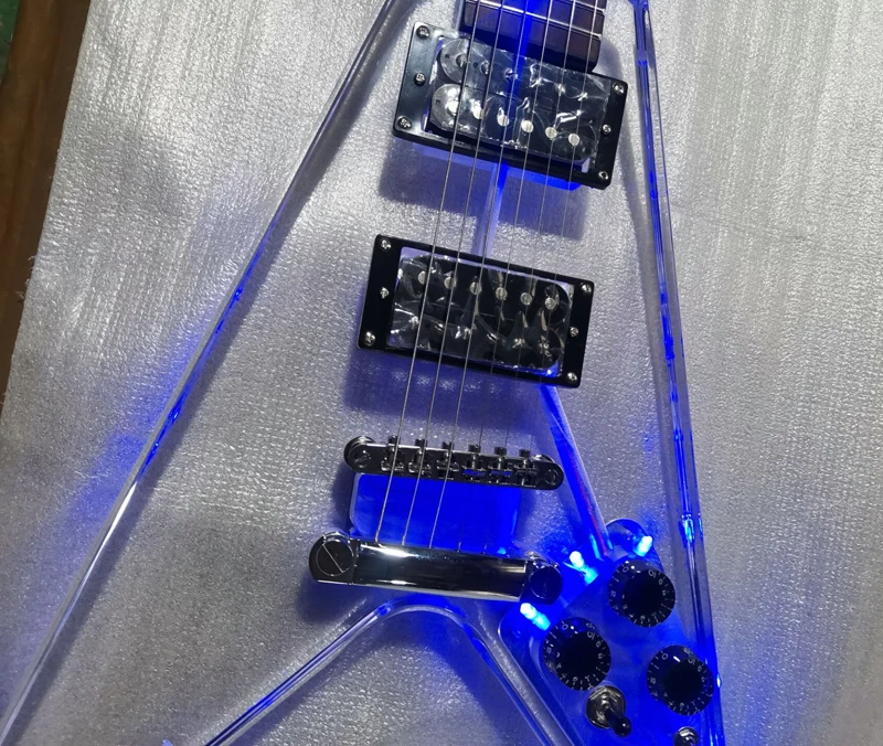 Good quality Fly V style acrylic electric guitar with blue led light