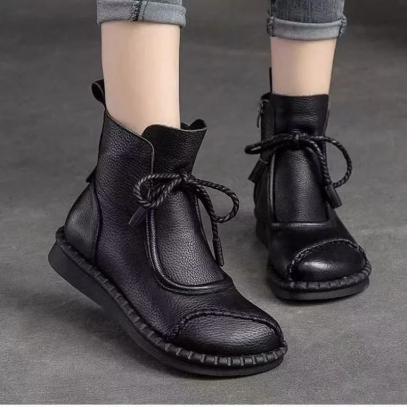 Stivaletti piatti vintage da donna per l'autunno/inverno - Stivali comodi in morbida pelle, stivali caldi foderati in peluche con cerniera laterale con lacci