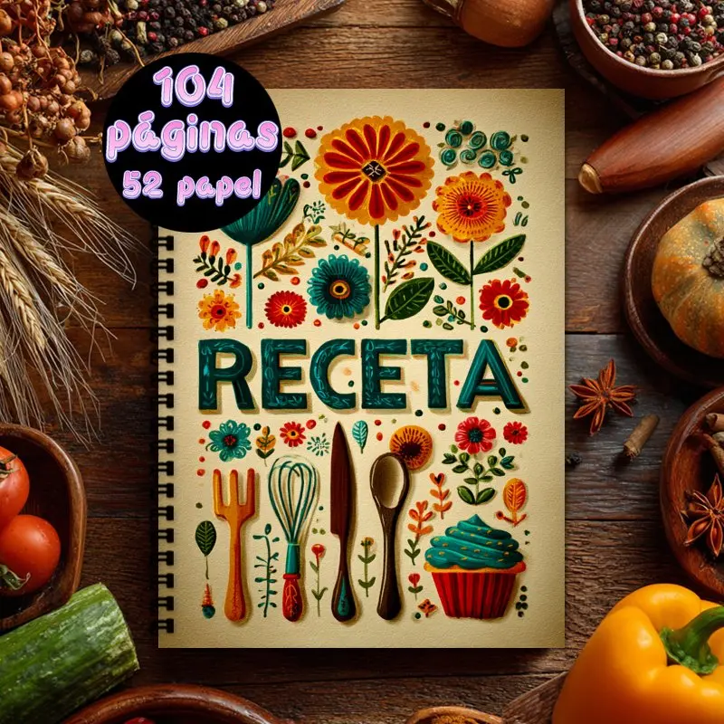 Cuaderno de recetas en español A5, diseño temático floral y de cocina, amantes de la comida para libro de recetas, puede contener hasta 100 recetas.