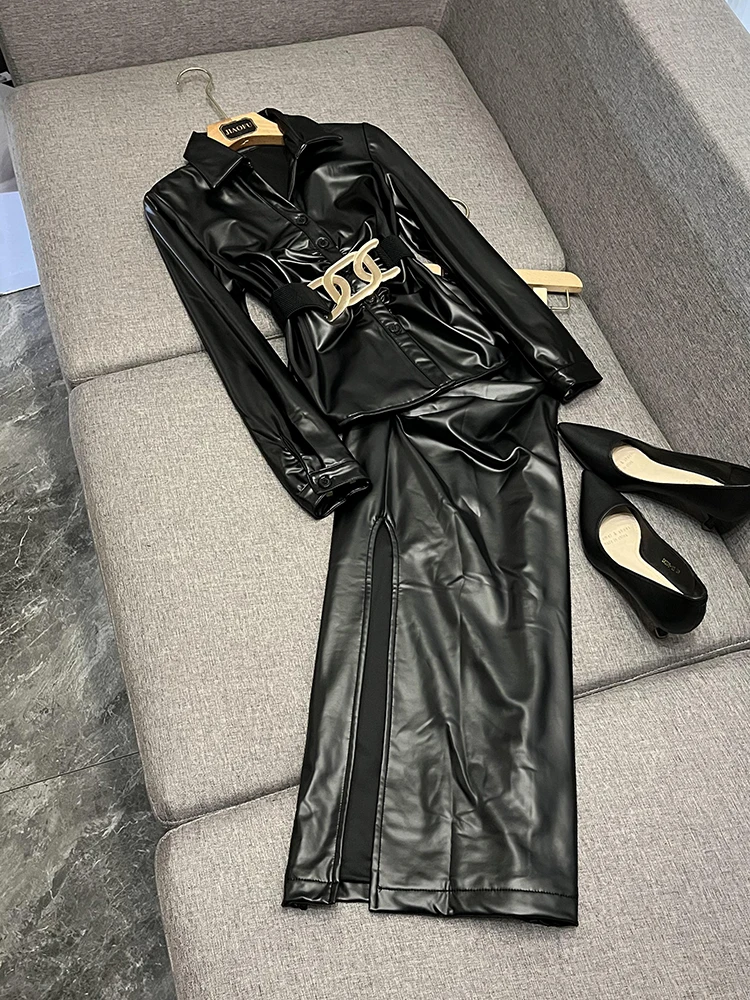 

Комплект из двух предметов Ele, кожаный джерт и юбка, высококачественный женский модный комплект холодного тона, тренд осени 2023 года