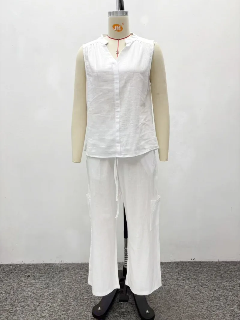 Weißes Zweiteiler-Set für Damen Baumwolle Ärmelloses V-Ausschnitt-Shirt Weite Cargo-Hose Afrikanische Lässige Sommer-Outfits Loungewear Übergröße – Detail 2