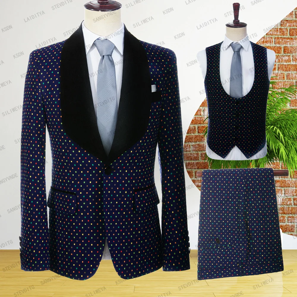 

2023 New Teal Polka Dots Men Suit Slim Fit Wedding Wear Business Men Navy Blue Suit Elegant Costume Mariage Homme 3 Piece