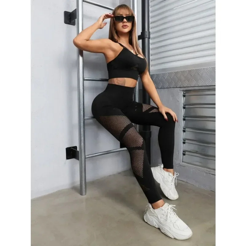 Sexy Hollow Out Leggings Women Seamless Mesh Leggings Gym Trainning Running High Waist Hip Liftting Stretchy Sports Pants