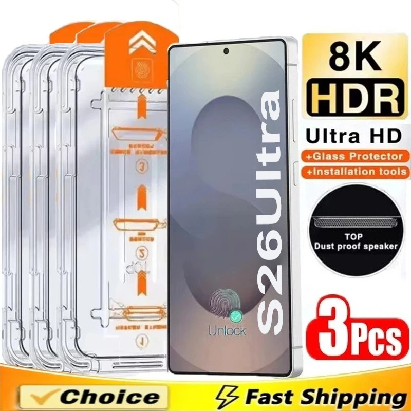 

3Pcs Oleophobic Coat Dust Free Easy Installat Screen Protector for Samsung S26 Ultra S25FE S24/23/22 Plus Anti-Scratch Glass Kit
