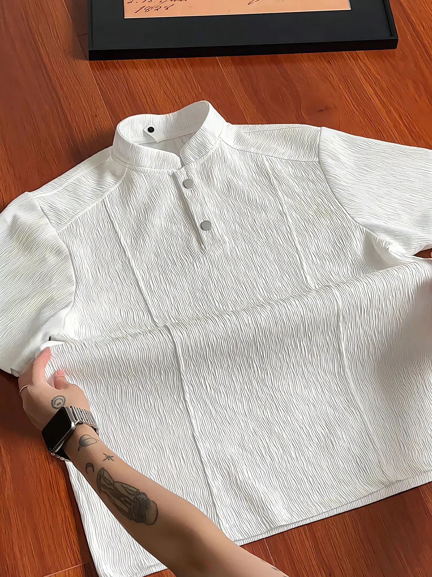 Textured Henry Collar  Shirt Short Sleeve Men's High-End Feeling Old Money Style T-Shirt Design Shoulder-Length Summer Th...