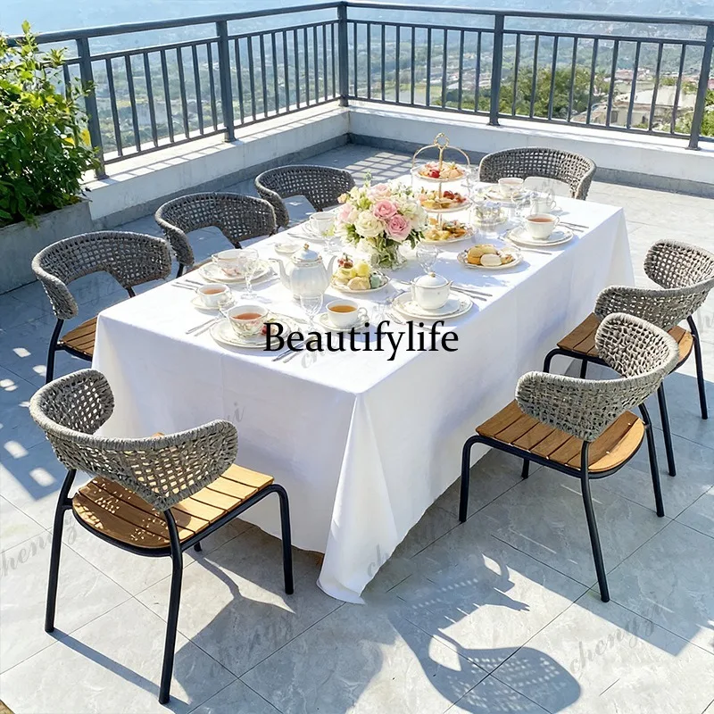 Nordic outdoor tables and chairs courtyard cafe stacked garden slate long table rattan outside teak dining chair combination