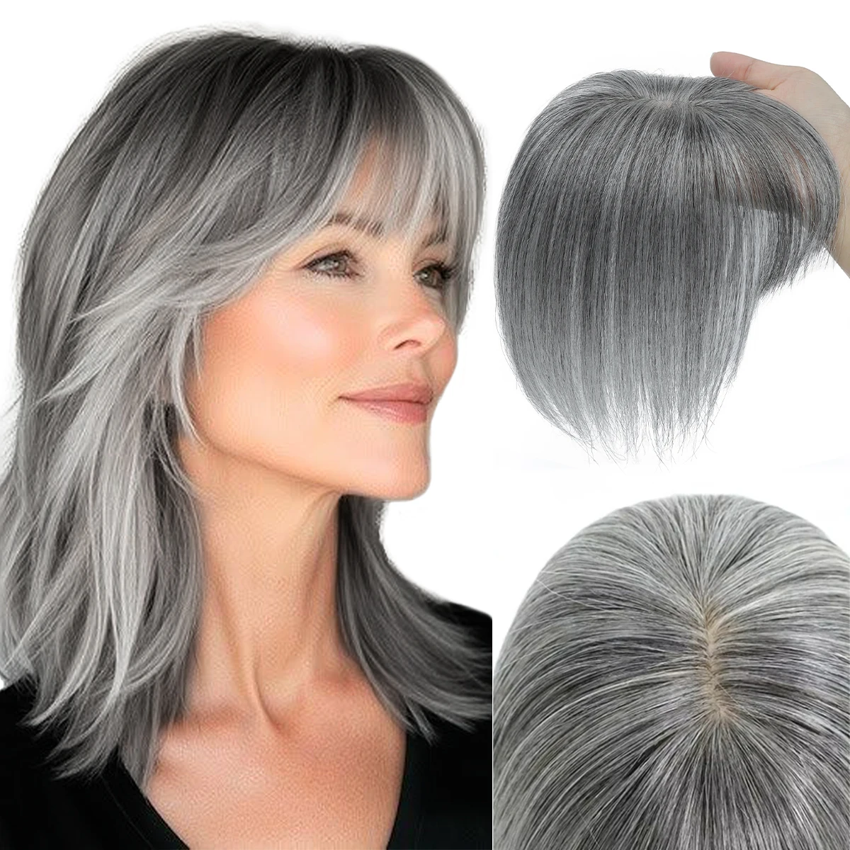 أغطية شعر بشري حقيقي للنساء يوميًا 360 درجة ° خصلات شعر ثلاثية الأبعاد مع غرة شعر رفيعة، 25، 30، 35 سم #1