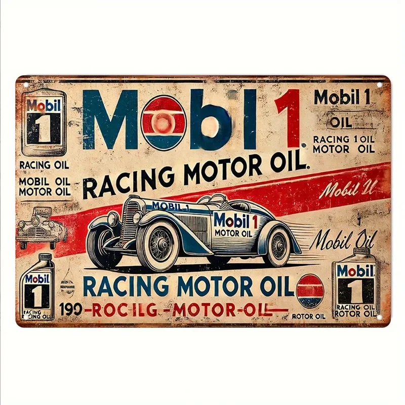 A retro Mobil One racing oil metal tin plaque, classic vintage car iron wall art, country garage decor plaque