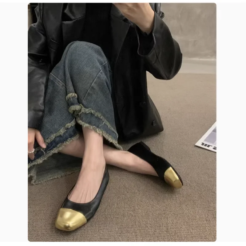 

2025 spring new French black gold matching single shoes small fragrance fashion shallow mouth soft sole square flat shoes Plus S