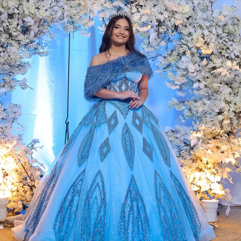 

Shiny Blue Quinceanera Dress off-shoulder crystal Glitter Decal Long tail Vestidos De 15 Quinceanera ﻿Customize