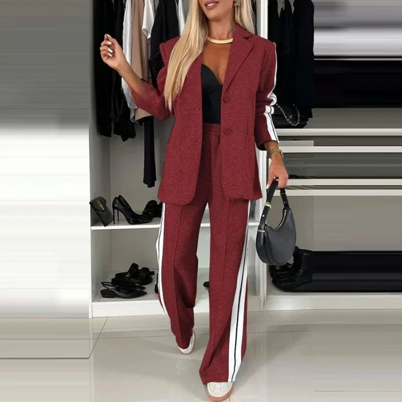 Nuevo conjunto de traje informal a rayas blancas y negras para mujer, ropa para mujer, chaqueta de oficina a la moda, pantalones de pierna ancha, conjunto de dos piezas