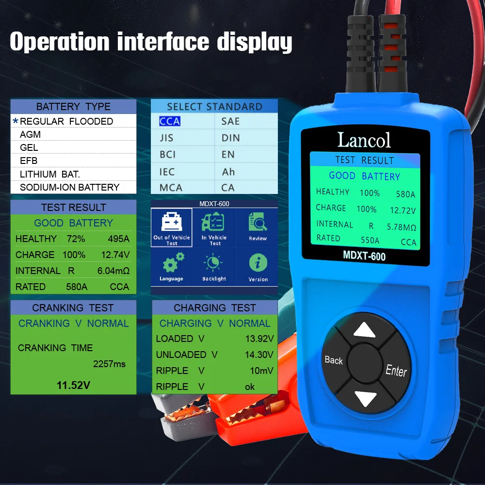 Lancol MDXT600 12V Car Battery Tester with LCD Screen 40-2000 CCA Battery System Analyzer Automotive Alternator Tester
