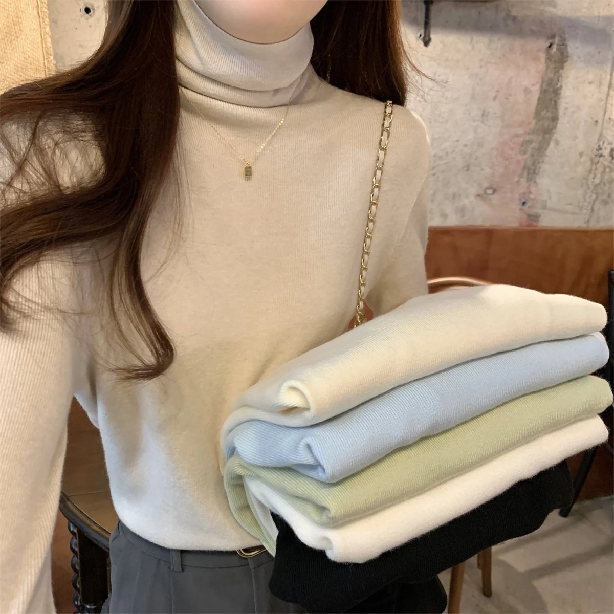 

Women Turtleneck Sweater Autumn Winter Soft Warm Knitted Pullover Solid Color Long Sleeve Jumper Simple Loose Base Layer Top