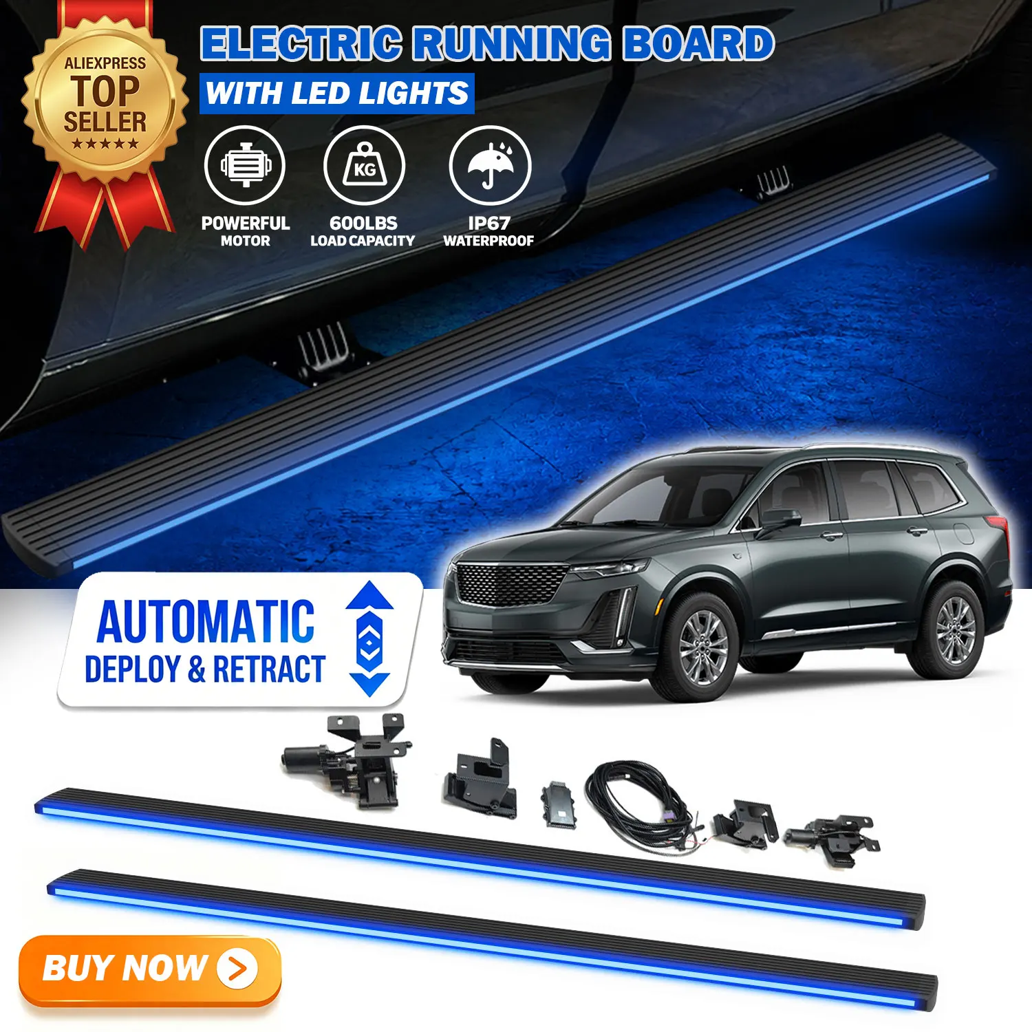 Fits For Cadillac XT6 2020-2026 Deployable Power Electric Running Boards with LED Light Strips Side Step Nerf Bars