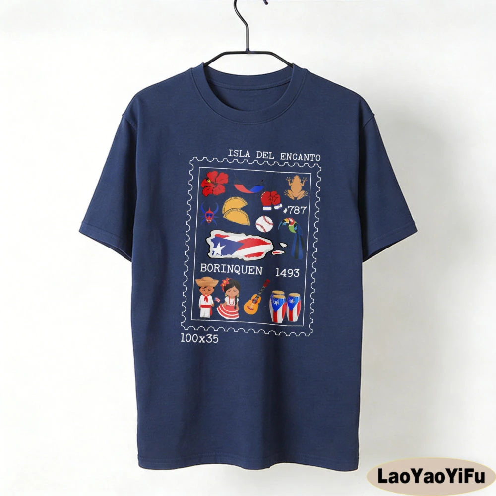 Puerto Rico Stamp Shirt Boricua Flag T-Shirt Puerto Rican Souvenir Tshirt Retro Style Travel Clothing Women Casual Cotton Tops