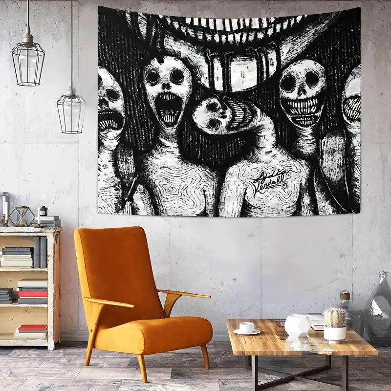 VIKAMA Gothic Horror Wandteppich, einfarbig, gruseliger Totenkopf, menschlicher Körper, Skizze, Wanddecke für Grunge-Wohnheim-Dekoration – Detail 4