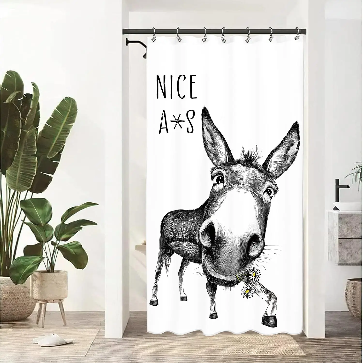 Cute Donkey Shower Curtain Bathroom Liner Waterproof Black and White Sketch Artwork Novelty Decor Farmhouse Style Funny Animal D