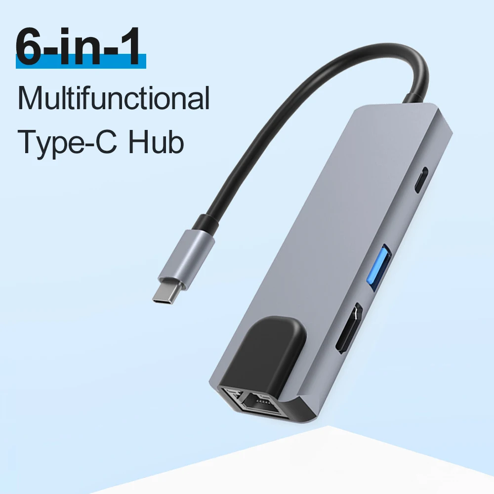 

6-in-1 Type-C Hub Multifunctional Type-C Converter Aluminum Alloy Shell with 100M RJ45 HD USB3.0 PD Ports SD TF Card Slots