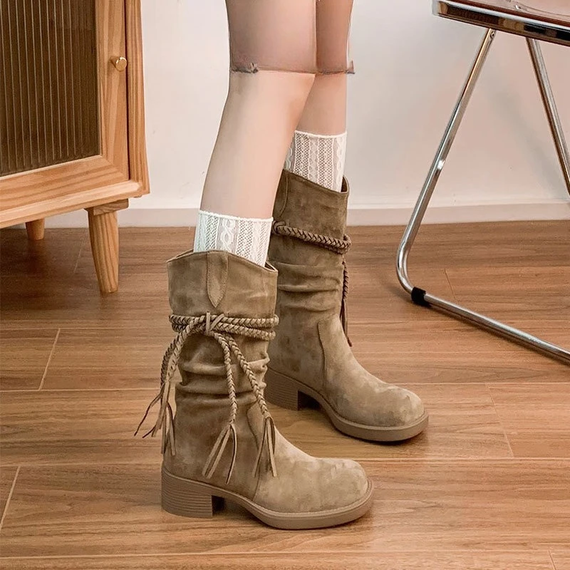 

CICIANG Women's Cowboy Boots Fringed Hemp Rope 2025 Autumn New Cow Suede Large-Size Motorcycle Boots Female Tall Tube Retro Boot