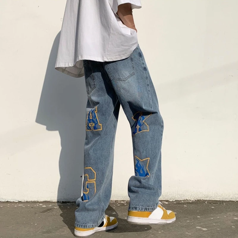 Trousers Straight Jeans for Men with Print Male Cowboy Pants Star 90s Streetwear Buggy Original Oversize Korean Style Cotton Xs