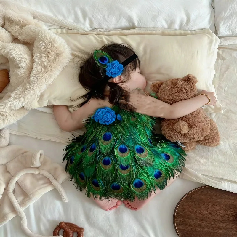 2pcs/set  Baby Peacock Costume, Newborn Photography Outfit with Feather Wings & Headband,신생아 촬영소품，neugeborenenfotografie