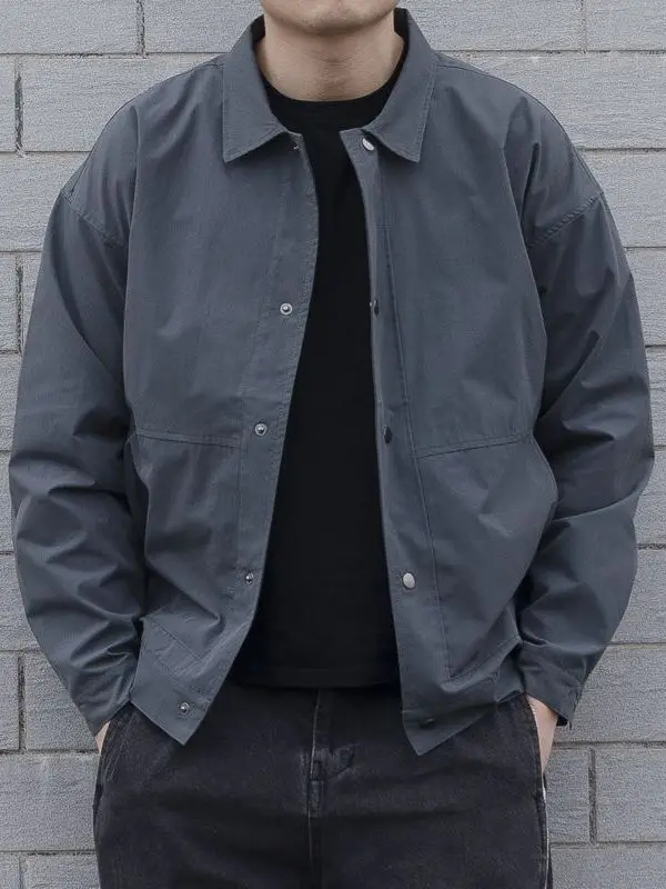 

Men's Thin Pure Color Turtlene Jaet Spring Autumn Flip Collar Coat Casual Sle Cotton Material Loose Fit Nine Sve Length