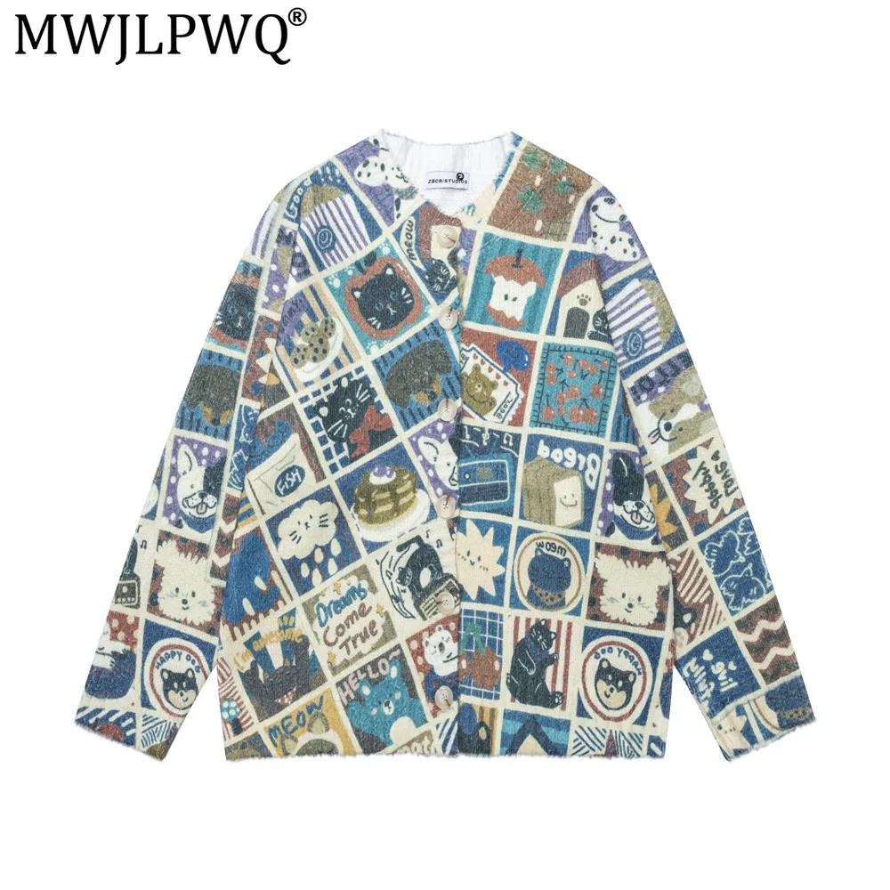 MWJLPWQ Print Digital Long-Sleeve Round-Neck Knitted Cardigan Sweater For Men Hip-Hop Trendy Niche Loose Tops Autumn Chic 21053