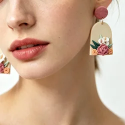 Elegant 3D Sculpted Floral Clay Earrings Nude Beige Arch Dangle with Textured Stud Romantic Cottagecore Accessories Aesthetic