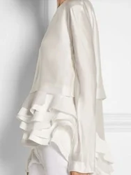 Women Elegant Satin Blouse Ruffle Hem Roun Neck Flare Sleeve Ethnic Casual Irregular Casual Plus Size Shirts Top for Women 2025