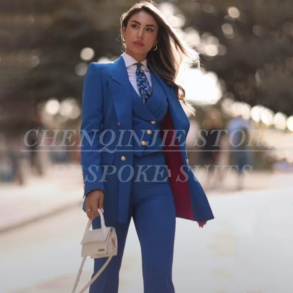 

Роскошные синие женские костюмы из трех предметов, куртка, брюки, жилет, элегантный однобортный пиковый лацкан, облегающая женская одежда, роскошные полные комплекты