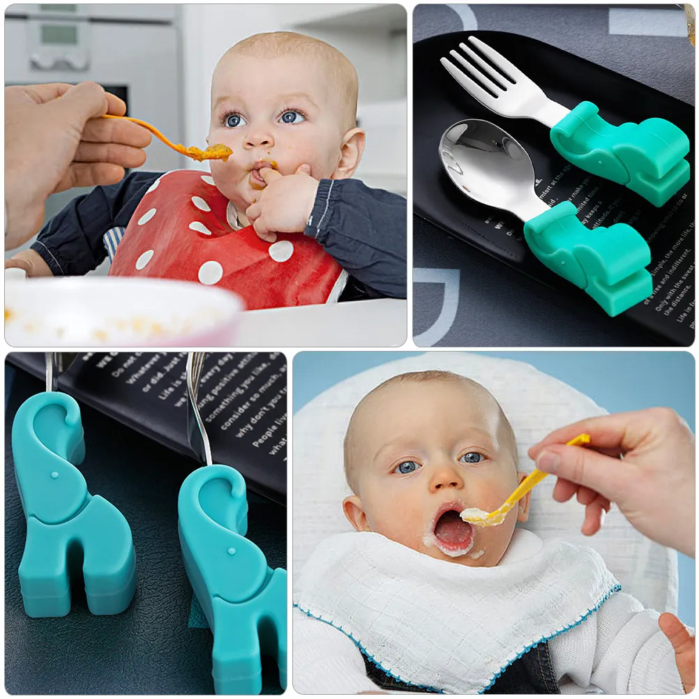 

1Set Baby Spoon and Fork Set Toddler Utensil Stainless Steel Short Handle Safe Food Grade Silicone Training Tableware for Kids