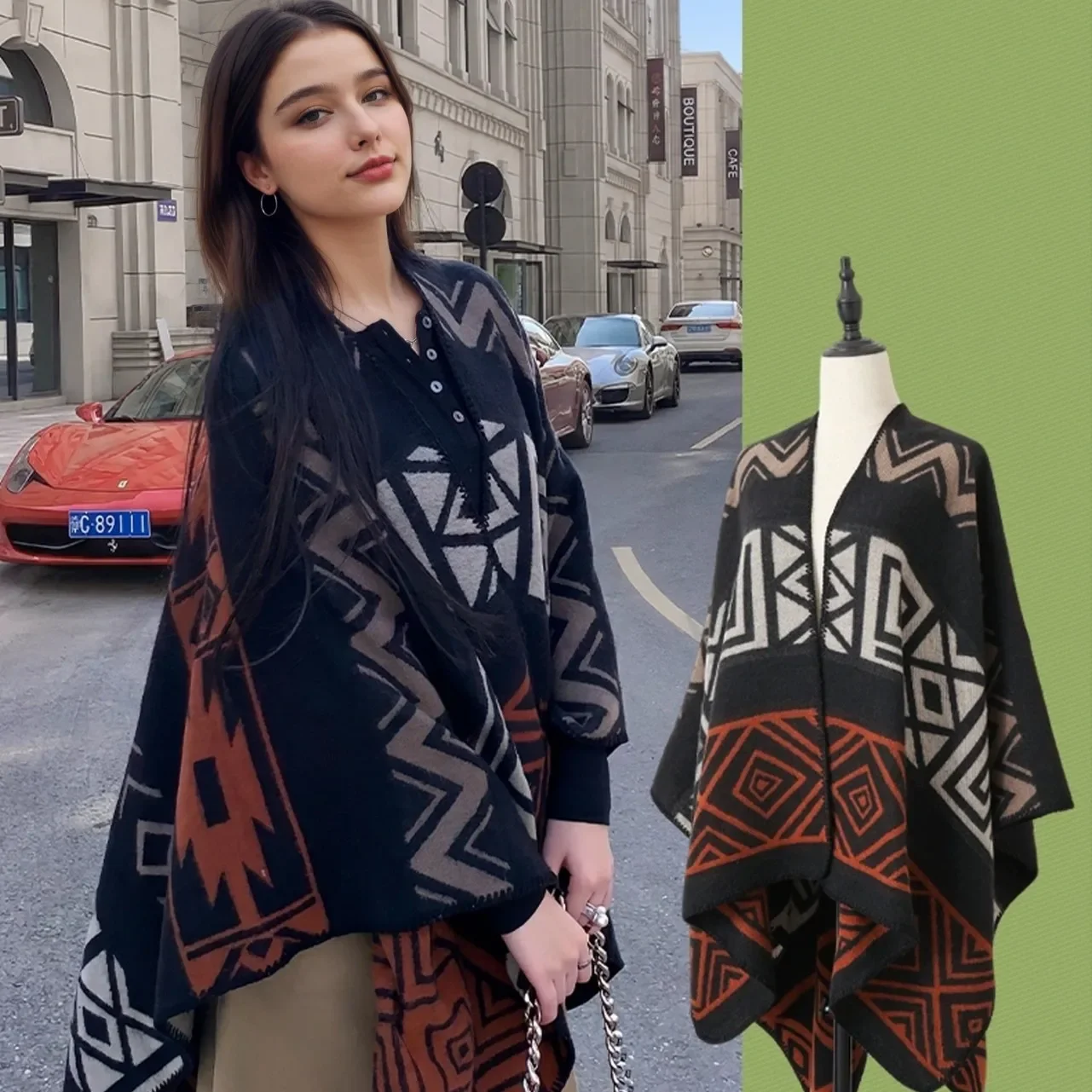 Geometric Diamond Shaped Poncho Imitation Cashmere Cloak Ethnic Style Slit Travel Cape for Autumn Winter