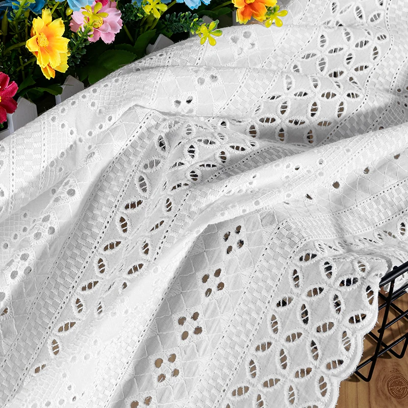 White Hollow Embroidery Lace Fabric, 100% Cotton, Wedding Dress, Fashion Clothing, Skirt Fabric