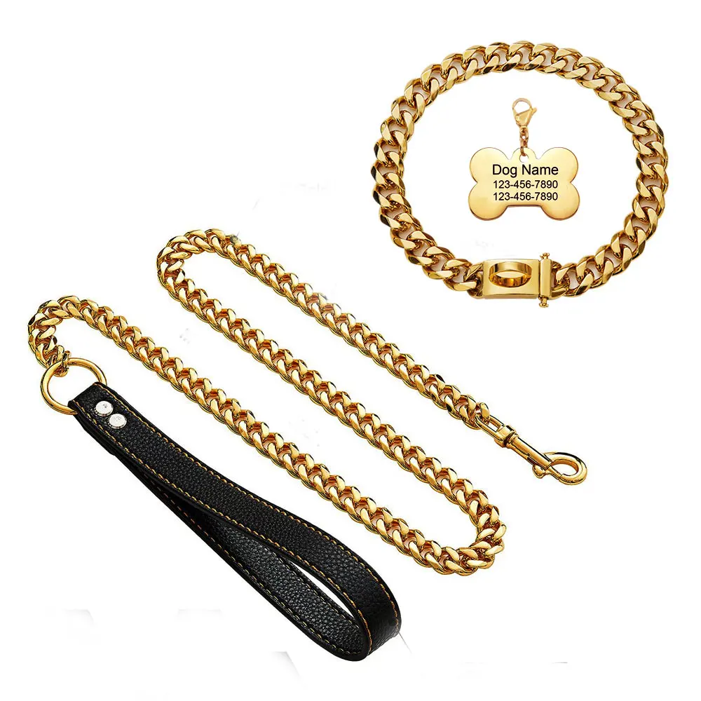 

18K Gold Plated Chain Dog Training Choke Collar and Leash,Cuban Link Strong Heavy Duty Chew Proof for Small or Medium Dogs