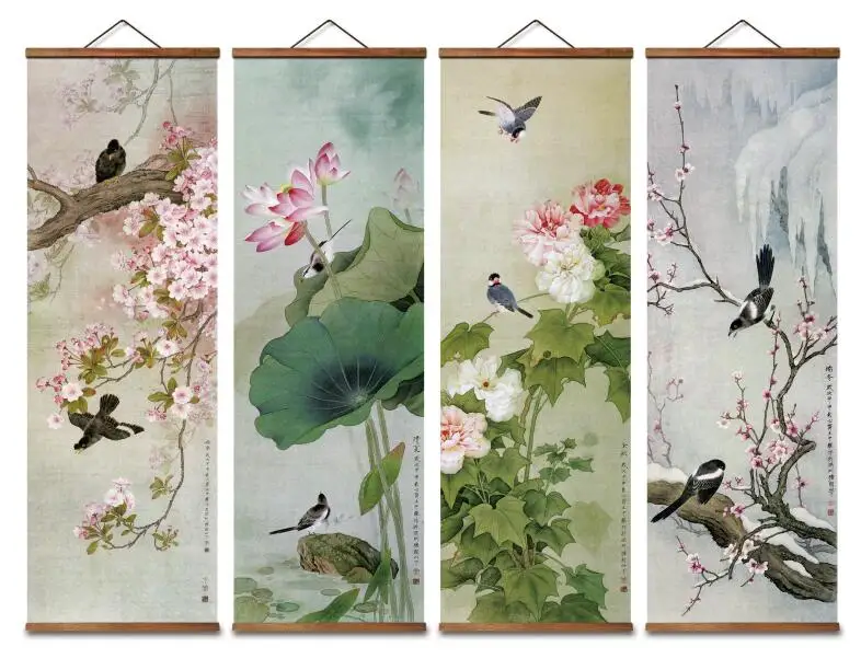 

MT0978 Chinese Style flowers and birds landscape Canvas Decorative Wall Art Posters Solid Wood Scroll Paintings