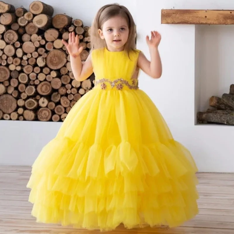 

Yellow Flower Girl Dresses Tulle Puffy Appliques Crystals Belt Tiered Sleeveless for Wedding Birthday First Communion Gowns