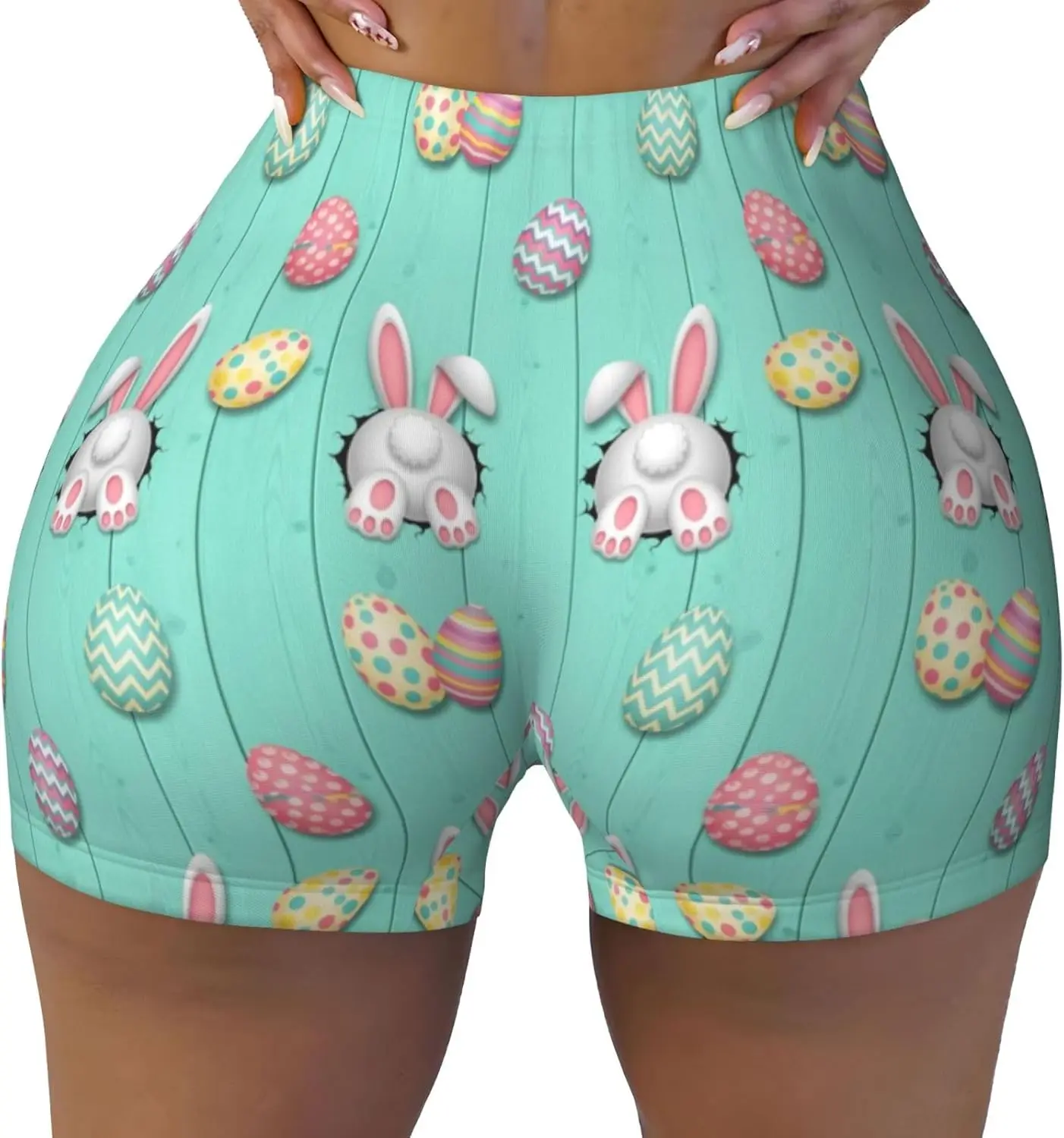 イースターバニー エッグス ワークアウト ジムショーツ レディース、ハイウエスト シームレス ヒップアップ スクランチバット スポーツショーツ