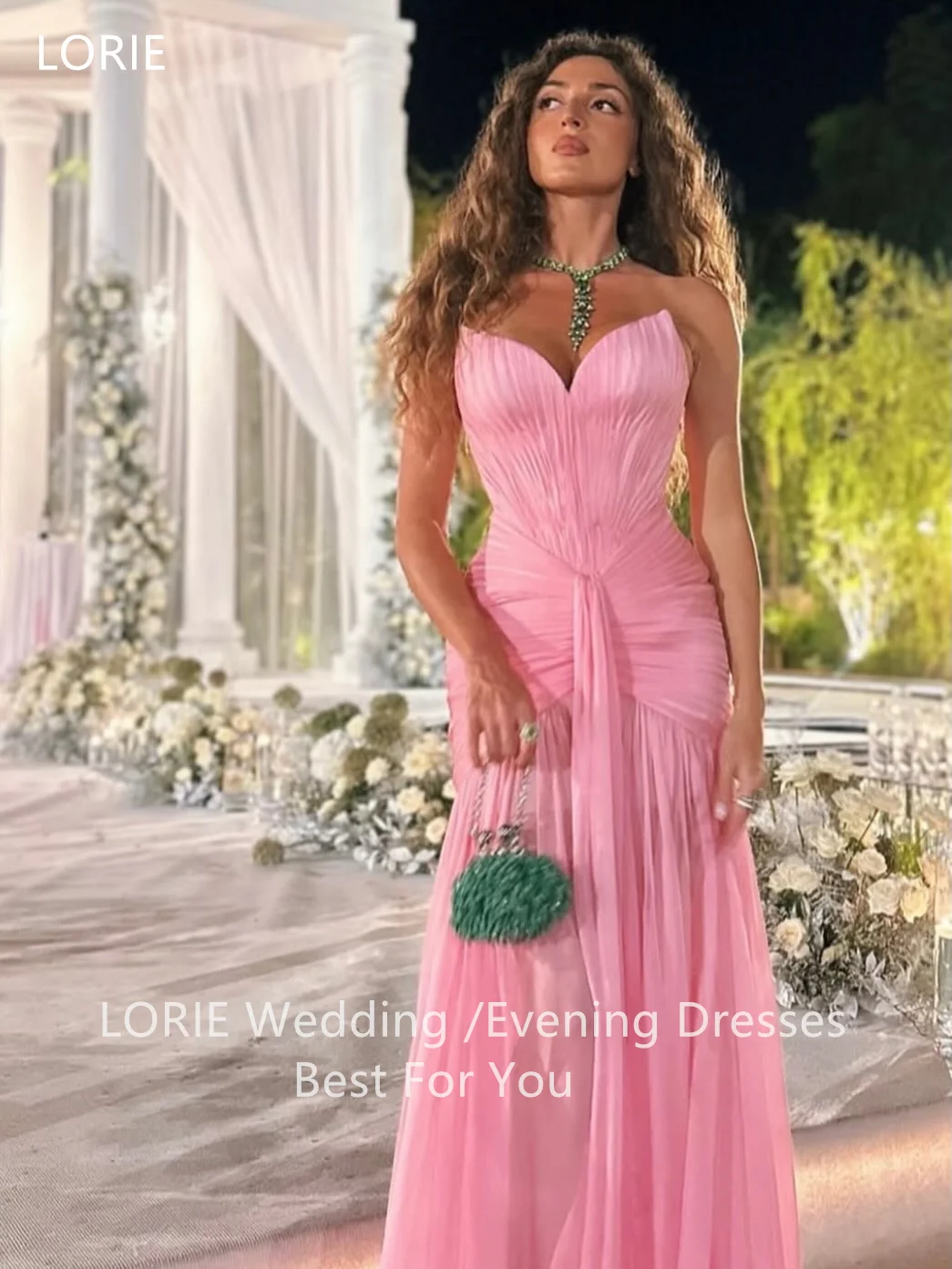 LORIE Chic Pink Chiffon Evening Dresses Strapless Sleeveless Pleats Party Dress A-Line Slit Prom Gowns Customized