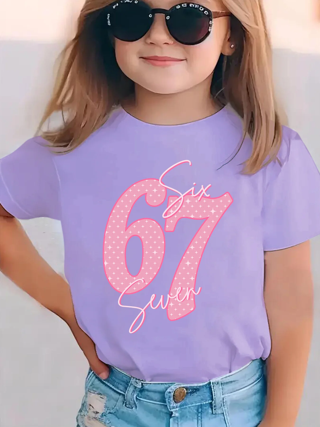 Purple Girls Six Seven 67th Birthday Print T-shirt Cotton Short Sleeve Glitter Star Number Graphic Kids Party Tops Size 100-160