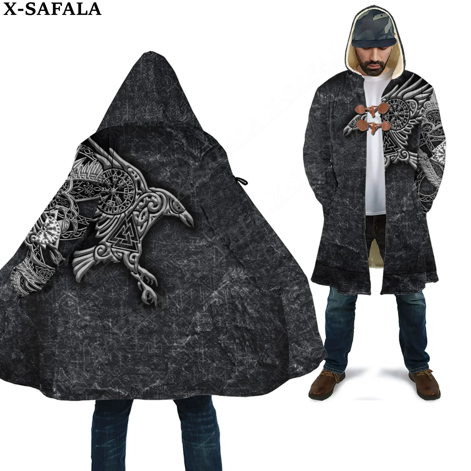 

Vegvisir Raven Tattoo Symbol Viking Odin Overcoat Coat 3D Print Thick Warm Hooded Cloak Men Windproof Fleece Unisex-2