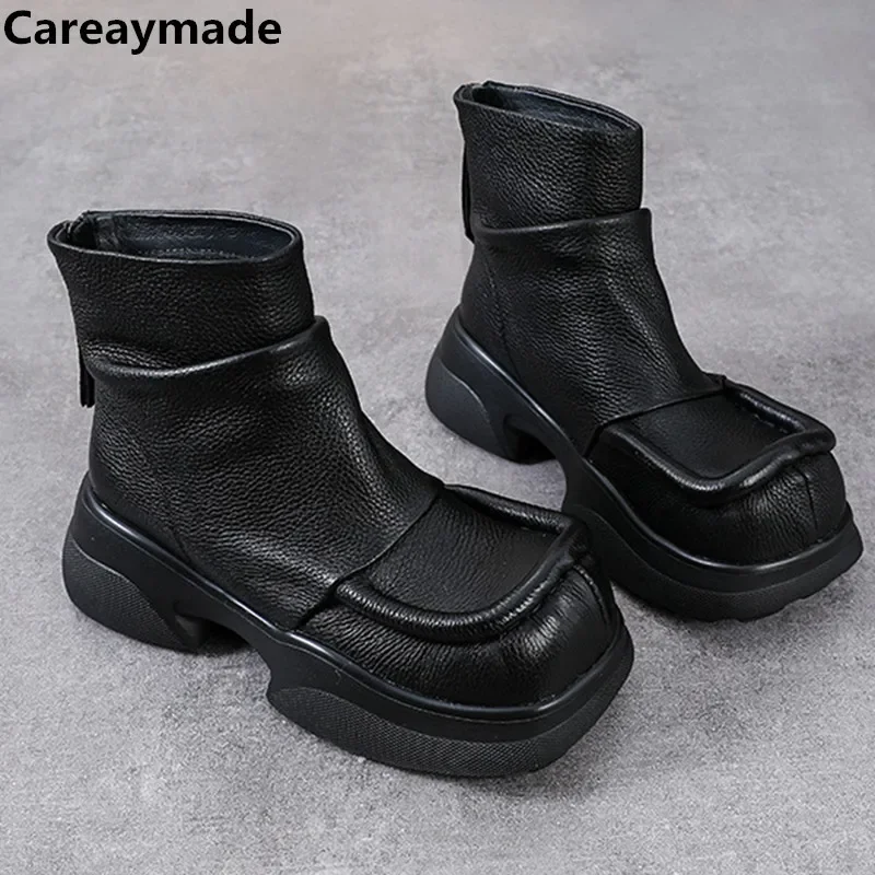 Careaymade-Genuine leather wide version Flat Platform women's Ankle Boots Ladies Zip Luxury Square Toe Winter Plush Snow Boots