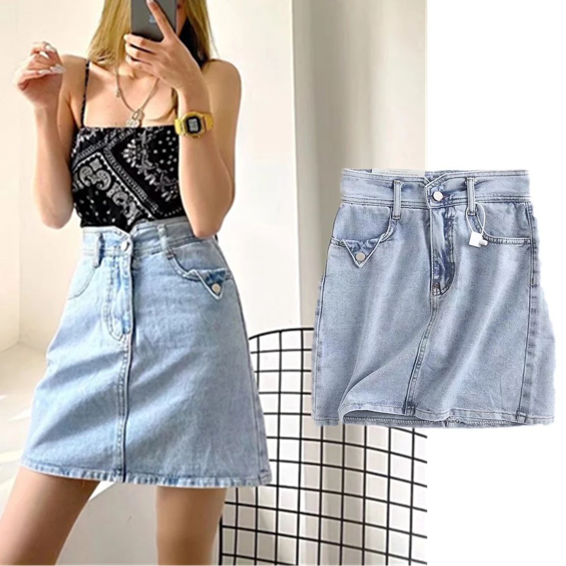 Dave&Di  Ins Fashion Skirt Blogger High Street High Waist Mini   Vintage Washed Distressed Hip Cover Denim Skirt Women