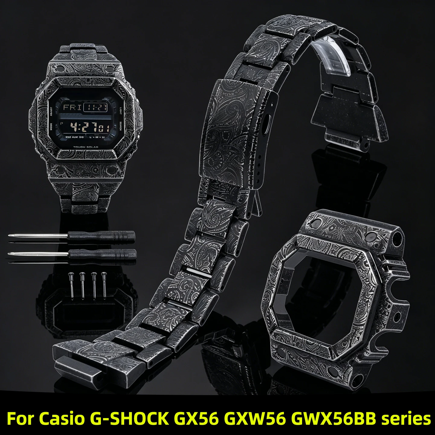 Kit de Modificação com Bezel e Pulseira em Aço Inoxidável 304L com Padrão Paisley e Ferramentas para Casio G-Shock GX56 GXW56 GWX56BB, Caixa e Pulseira de Metal Masculina