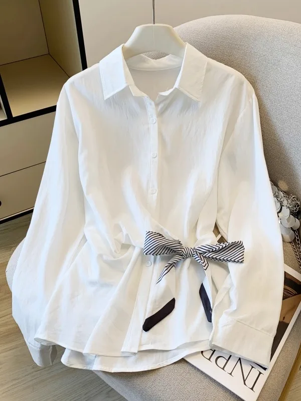 

White Long Sleeve Women's Shirt Slimming Waist Design Autumn Winter Spring New Style Ladies Shirt Top Original Design Polyester