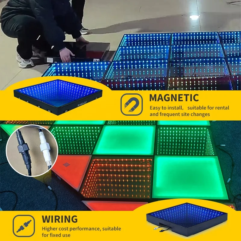 LED Magnetic Dance Floor 50x50cm/19.7x19.7in, 3D Infinity Mirror Portable Modular Dance Tiles for DJ Wedding Disco Party