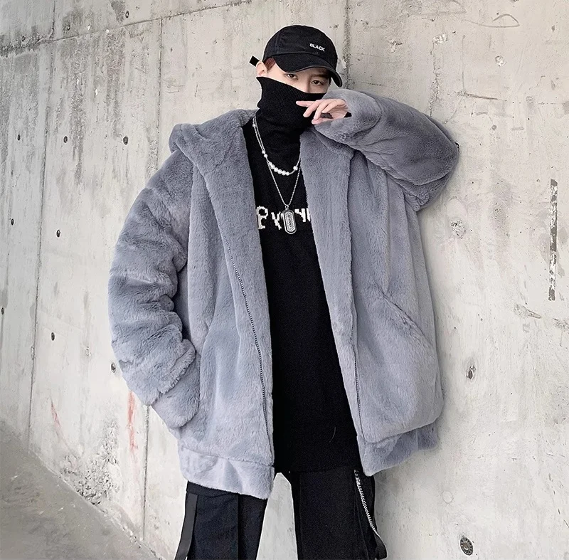 

Мужская зимняя утепленная куртка из овечьего вельвета с искусственным кроличьим мехом, теплая, свободного кроя, повседневная молодежная одежда
