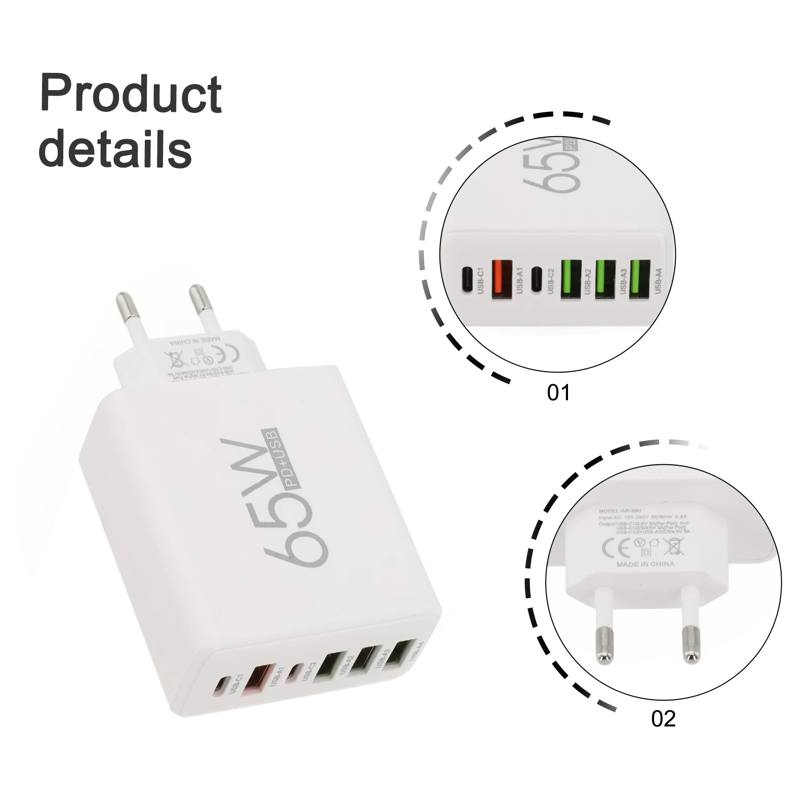 New 65W USB C Charger 6 Ports Fast Charging Wall Charger For 15 14 Pro Max ForSamsung GalaxyS23 For Mi 14 Mobile Phones Charger