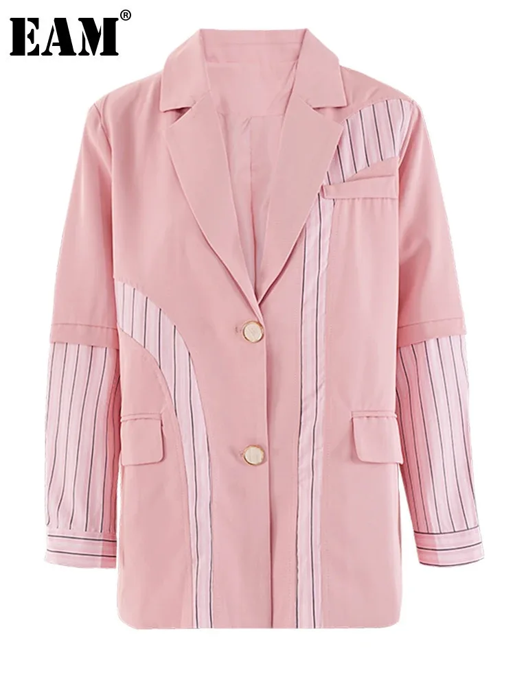 [EAM] Women Striped Spliced Color-block Big Size Blazer New Lapel Long Sleeve Jacket Fashion Tide Spring Autumn 2024 30A1629