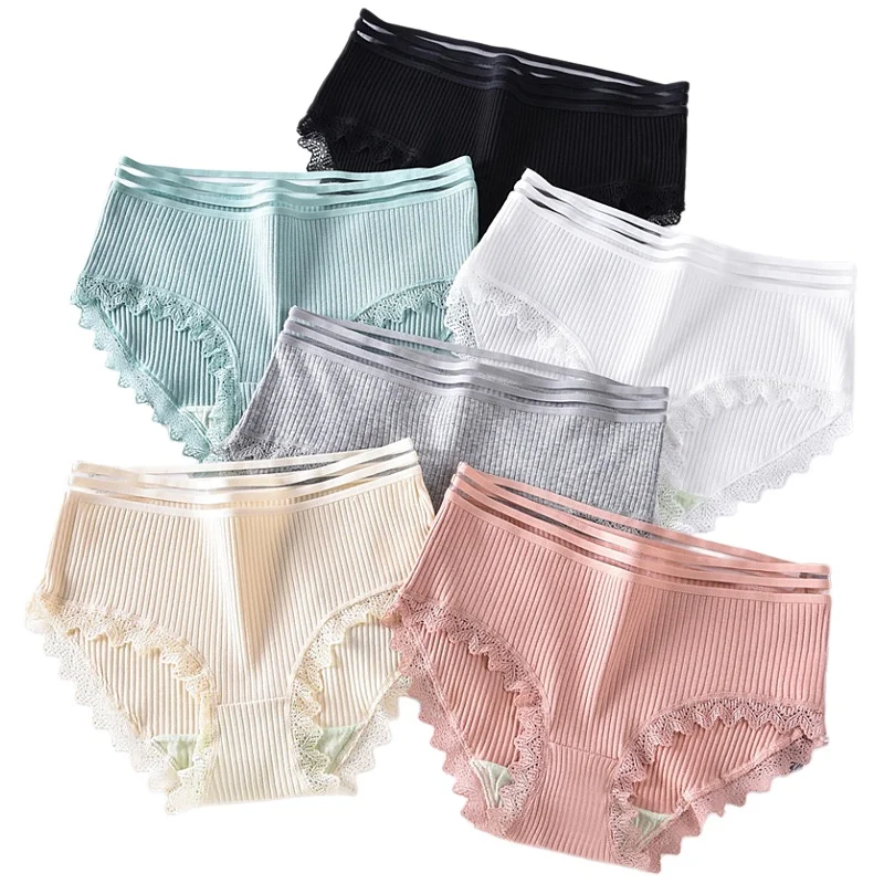 Breathable Striped Cotton Girls Panties Lace Edge Sexy Hollow out Waistband Comfortable Women's Underwear Tanga Lady Knickers